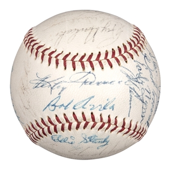 1957 Cleveland Indians Team Signed OAL Harridge Baseball With 30 Signatures Including Maris, Colavito, Wynn, and Lemon (PSA/DNA)